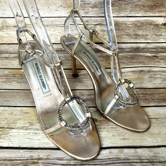 Manolo Blahnik Womens Metallic Pink Strappy Open Toe Heels w Rhinestone 37.5/7.5 - Picture 1 of 8